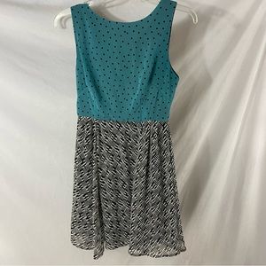 Bar III Blue Polka Dot Black Print Fit flare dress